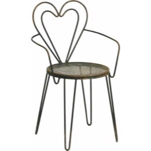 Metal stol rundt sæde med armlæn og hjerteformet ryg antik rust og sort 82x52cm